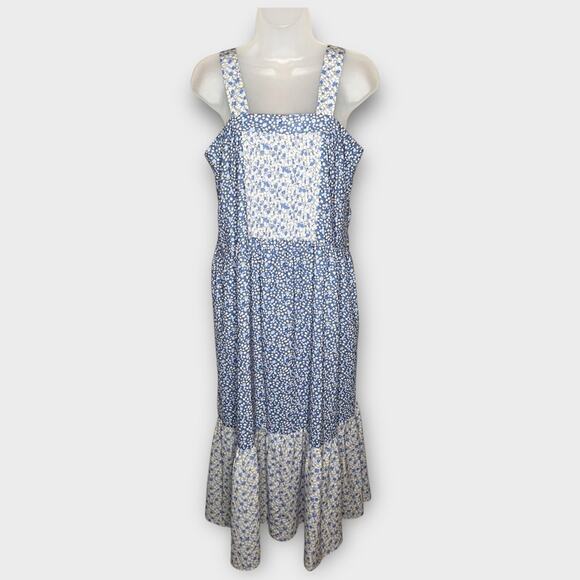 POMEGRANATE Blue Multi Floral Tiered Crepe Prairie Midi Dress Size Small - Picture 2 of 6